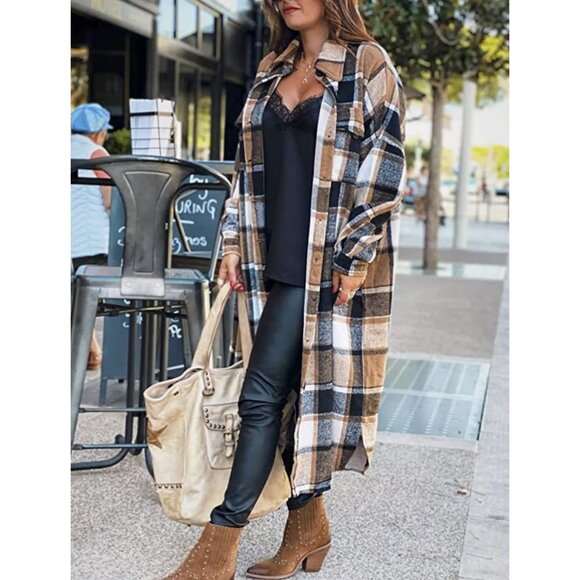Brown Plaid Print‎ Button Down Long Midi Trench Flannel Jacket Shacket - Picture 1 of 7